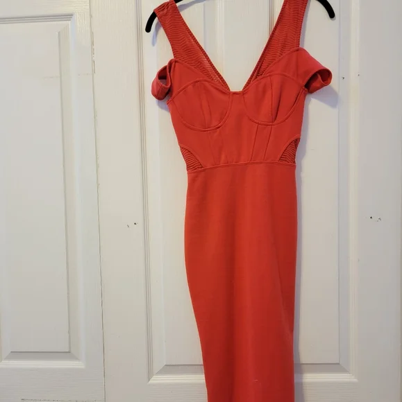 asos red bodycon dress ASOS Midi Bodycon Orange Short Sleeve Stretchy Dress Women's Size 4 Length  43